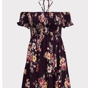 Burgundy Purple Floral Halter Smocked Halter Dress